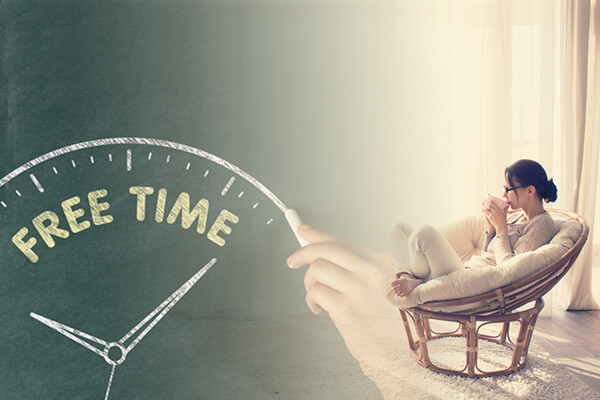 Woman sitting in chair with cup of coffee looking out window with "free time" clock written over image