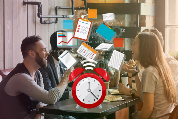 People sitting at desk communication with clock and organization supplies covering photo